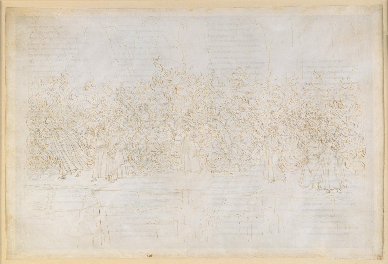 La Divina Commedia, Purgatorio XXVI. Purgatorion seitsemäs kehä: himokkaiden katumus; Danten keskustelu Guido Guinizellin kanssa tekijältä Sandro Botticelli