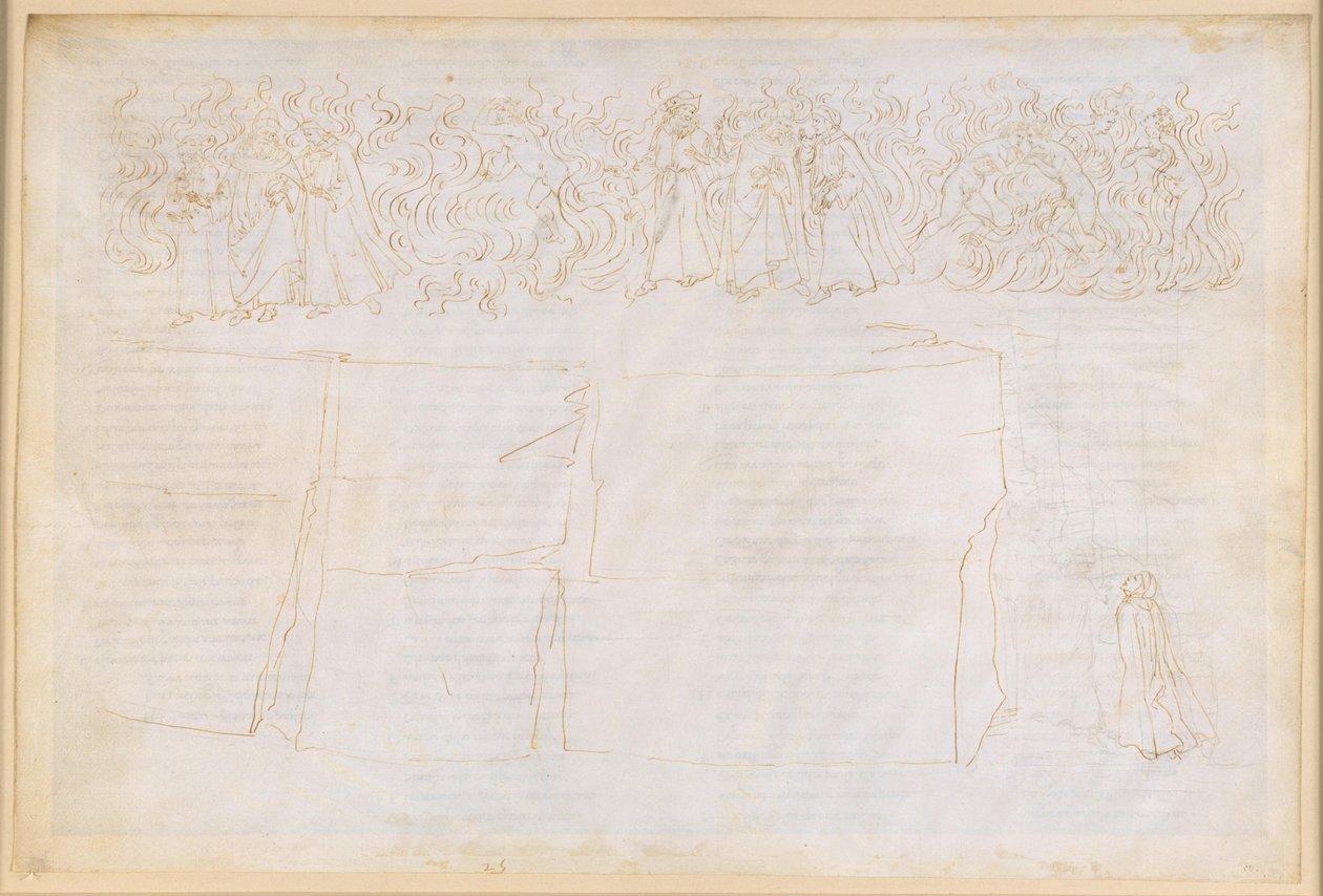 La Divina Commedia, Purgatorio XXV. Nousu Purgatorion seitsemänteen renkaaseen: opetus varjojen ruumiillisuudesta; himokkaiden katumus tekijältä Sandro Botticelli