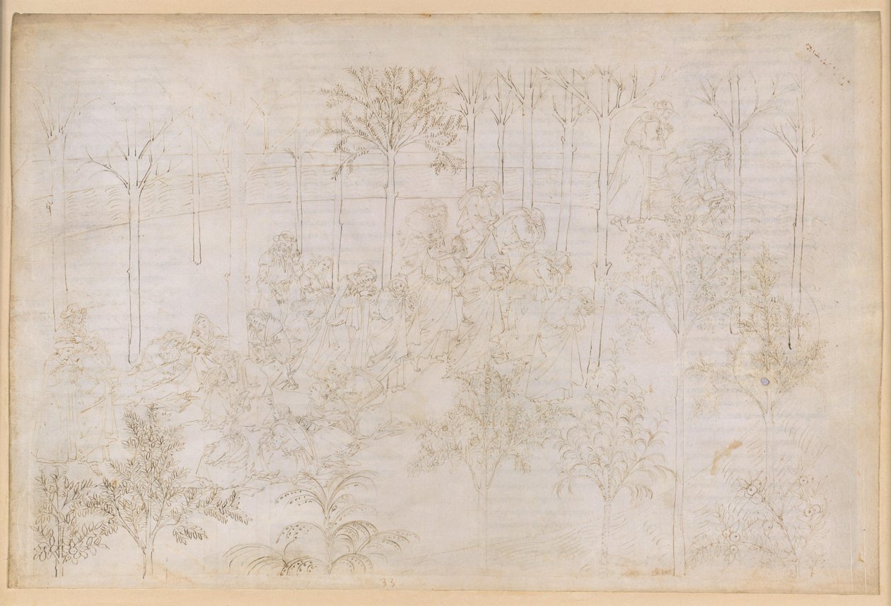 La Divina Commedia, Purgatorio XXXIII. Maallinen paratiisi: Beatrice hyveiden piirissä; lähtö; Danten kylpy Eunoe-joessa tekijältä Sandro Botticelli