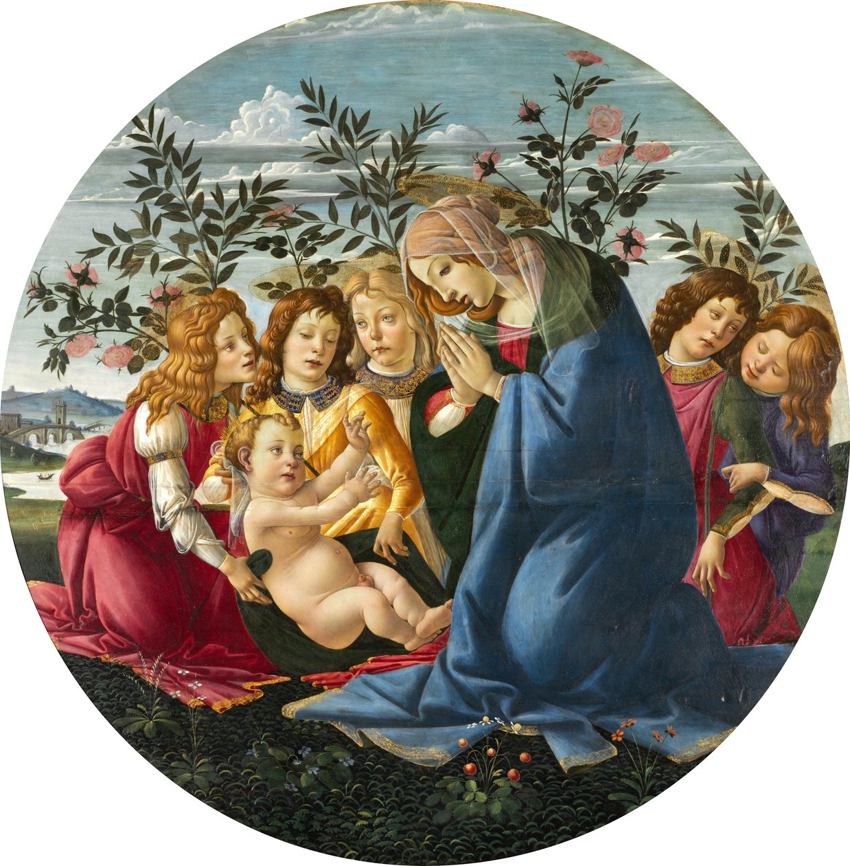 Madonna palvoo lasta viidellä enkelillä tekijältä Sandro Botticelli