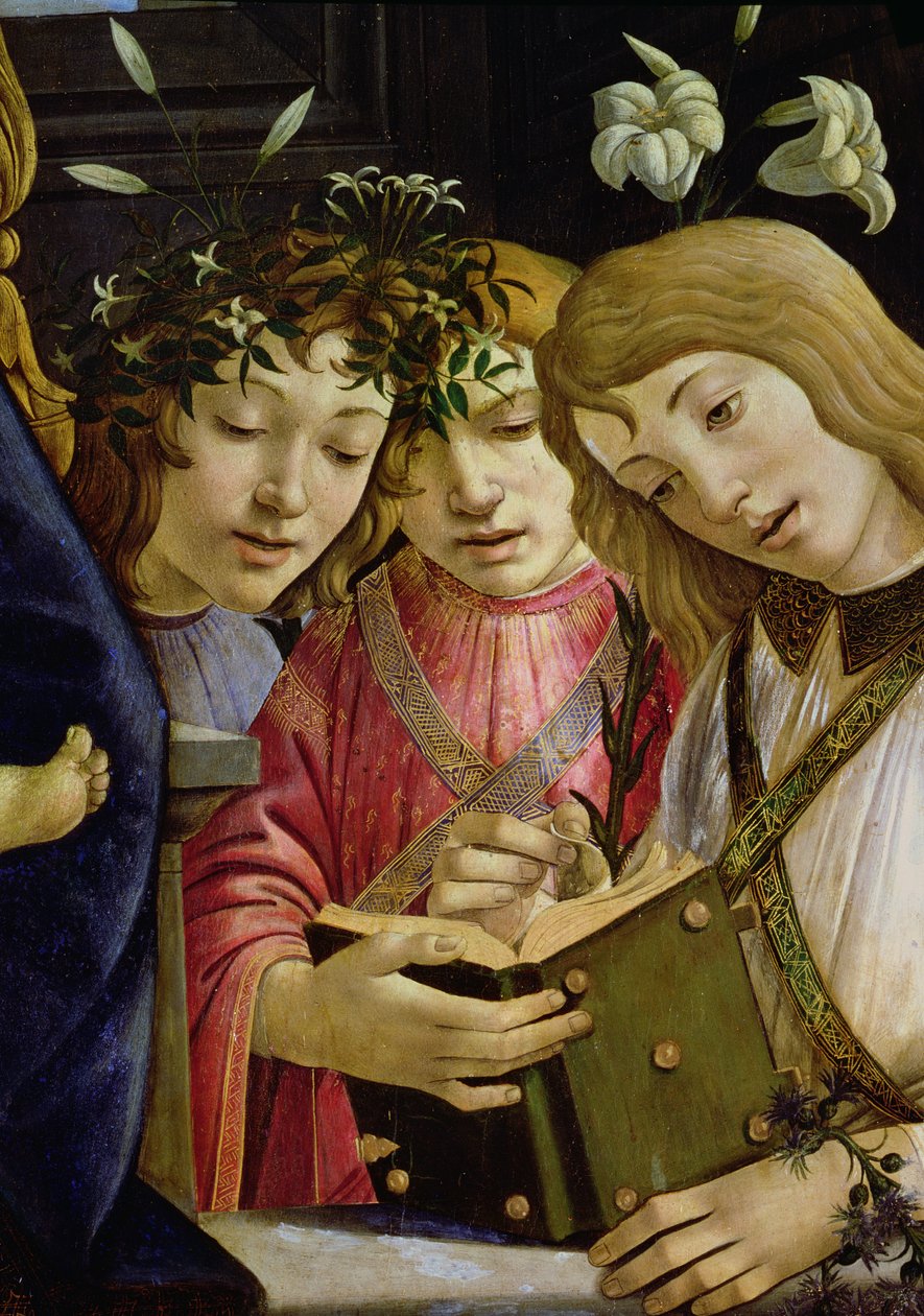 Madonna ja lapsi sekä nuori Johannes Kastaja ja enkelit: yksityiskohta, jossa näkyy kolme enkeliä, paneelin yksityiskohta 44353:sta. tekijältä Sandro Botticelli