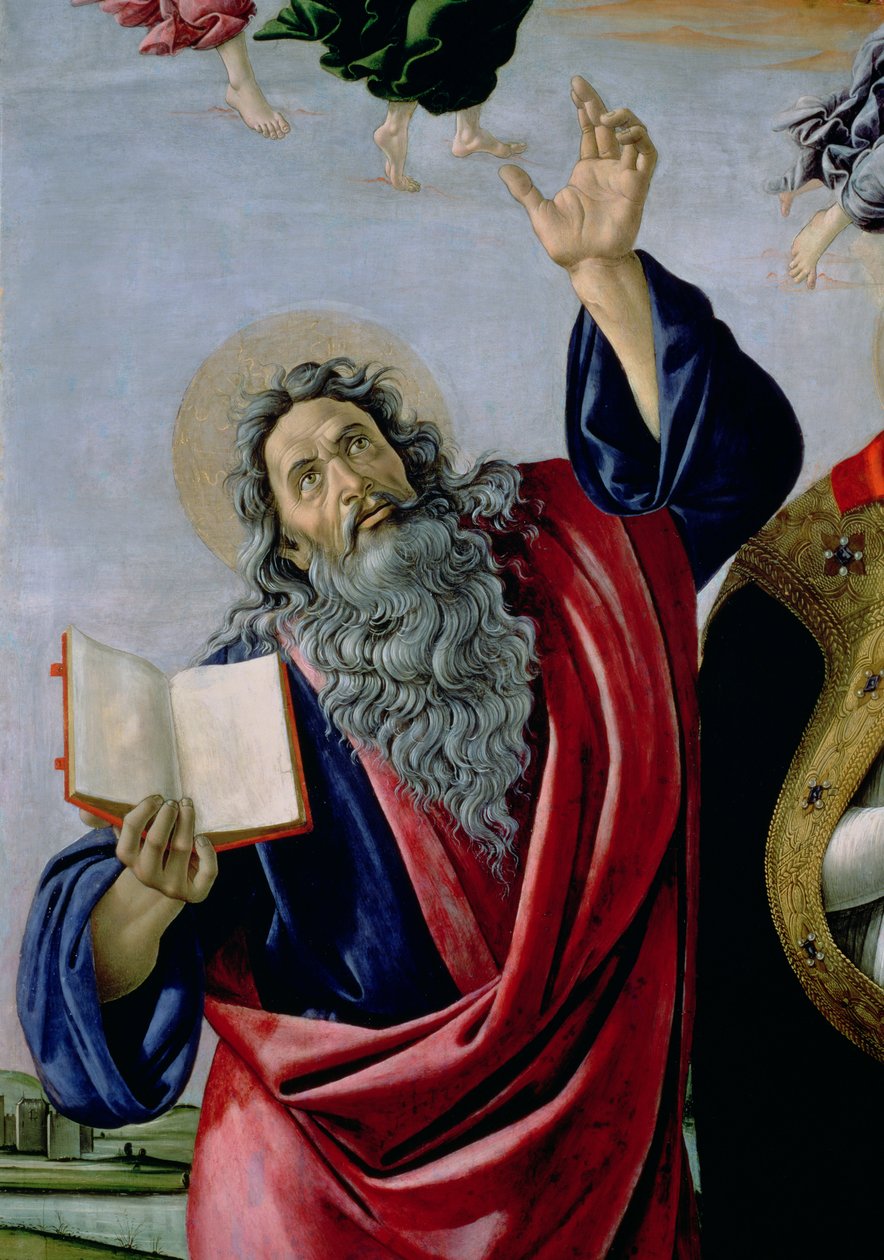 Johannes evankelista, Neitsyt Marian kruunajaisista Pyhän Markuksen alttaritaulu, n.1488-90, tempera paneelille, yksityiskohta 44363:sta. tekijältä Sandro Botticelli