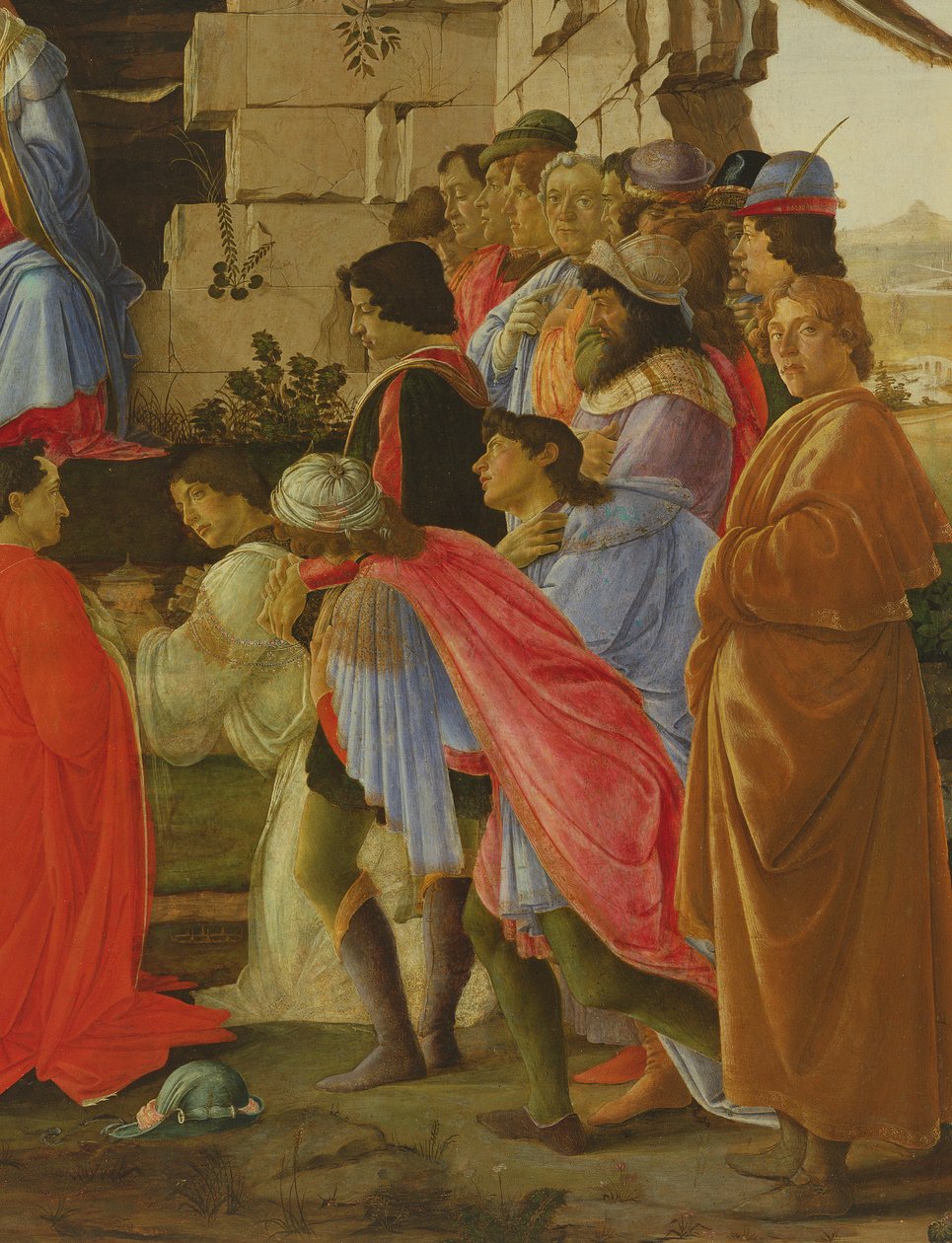 Maagien palvominen, yksityiskohta omakuvasta ja Medici-suvun kuvista, ks. 395 taulua. tekijältä Sandro Botticelli