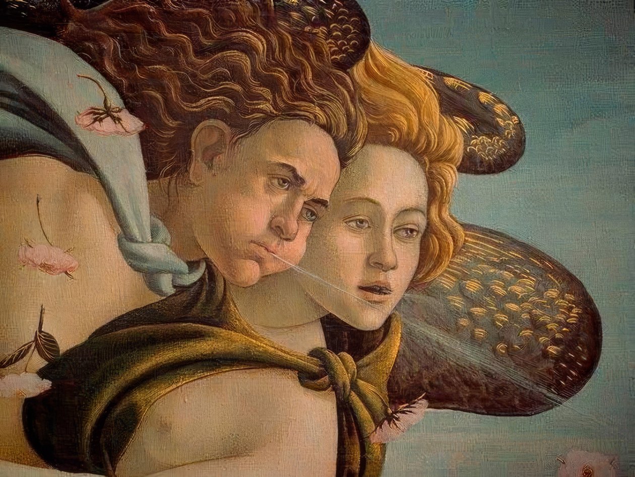 Venuksen syntymä yksityiskohta kahdesta tuulesta, 1478, Öljy kankaalle tekijältä Sandro Botticelli