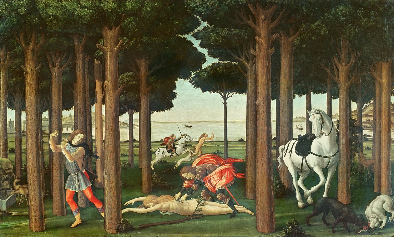 Tavoitteena olevan naisen irtoaminen: Nastagio degli Onestin tarinan II kohtaus, n. 1483 (tempera paneelissa) tekijältä Sandro Botticelli