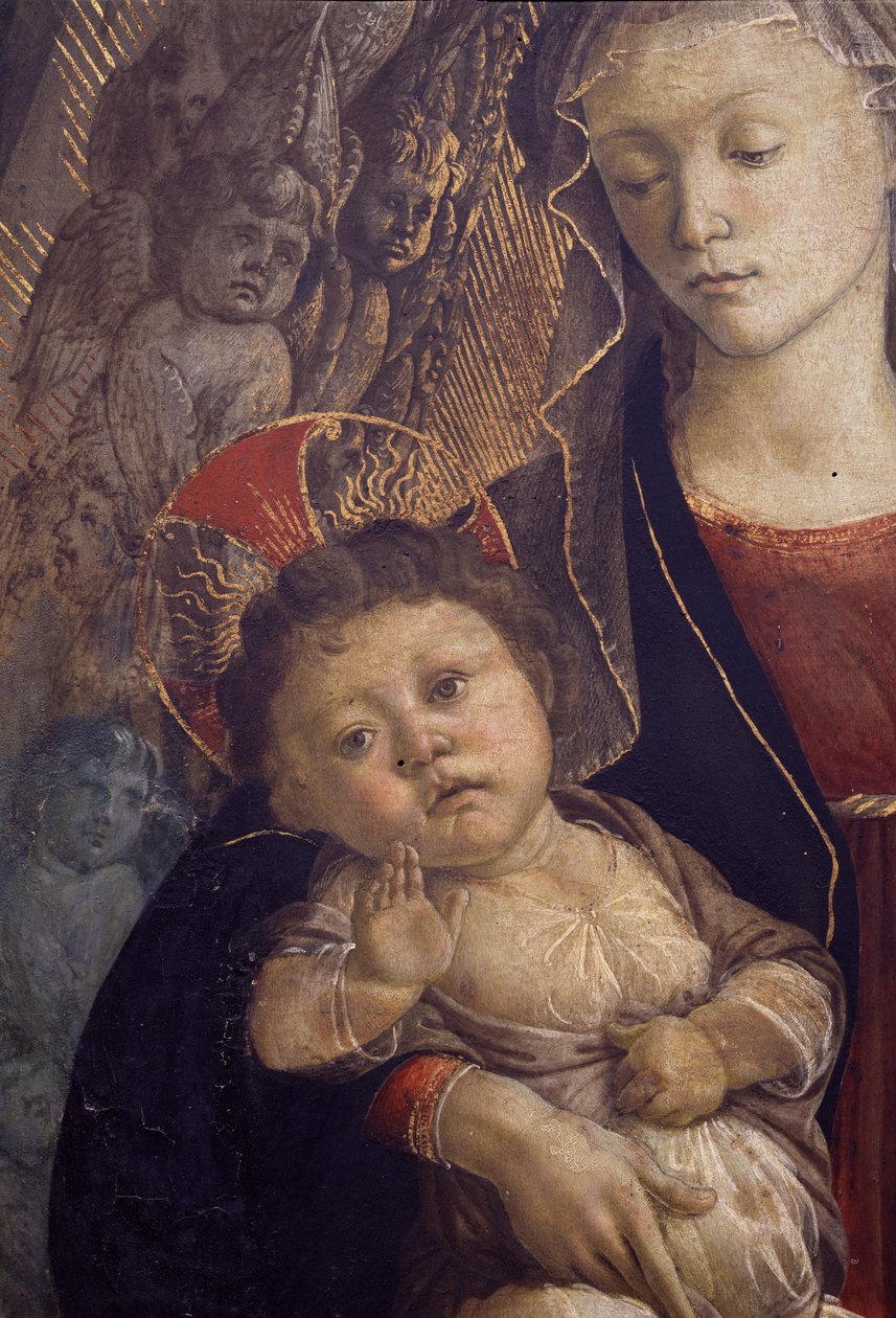 Madonna ja lapsi kirkkaudessa, yksityiskohta lapsesta, 1468 tempera paneelille yksityiskohta 85673:sta. tekijältä Sandro Botticelli