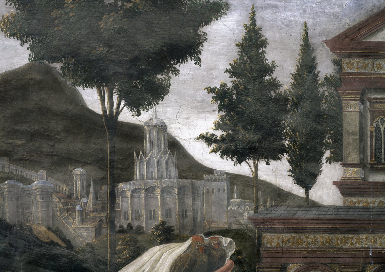 Sikstuksen kappelissa oleva Lepraisen puhdistus ja Kristuksen kiusaaminen: yksityiskohta kuvitteellisesta kaupungista maisemassa, fresko vuodelta 1481. tekijältä Sandro Botticelli