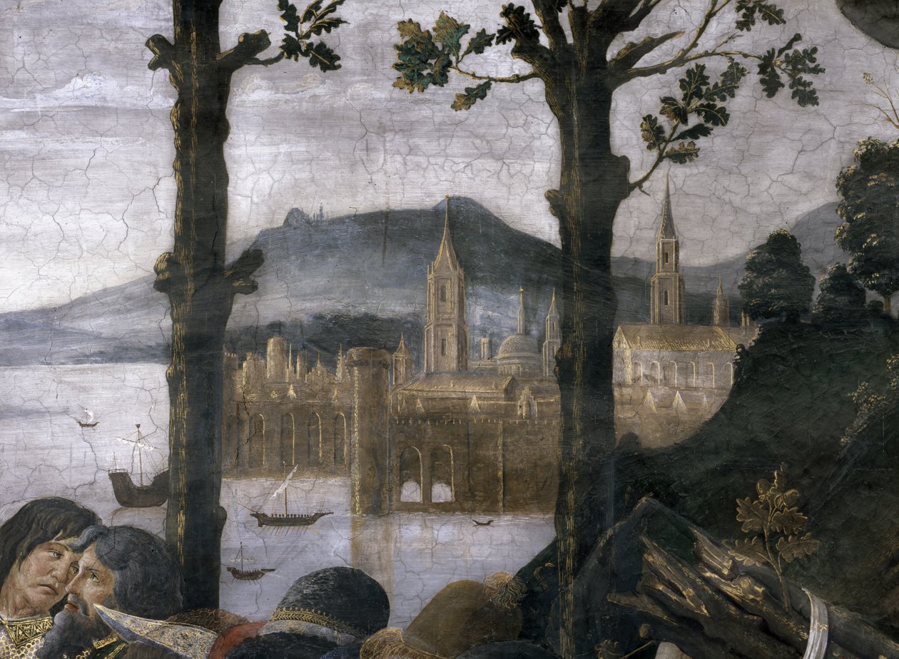 Sikstuksen kappelissa oleva Lepraisen puhdistus ja Kristuksen kiusaaminen: yksityiskohta kuvitteellisesta satamakaupungista maisemassa, fresko vuodelta 1481. tekijältä Sandro Botticelli
