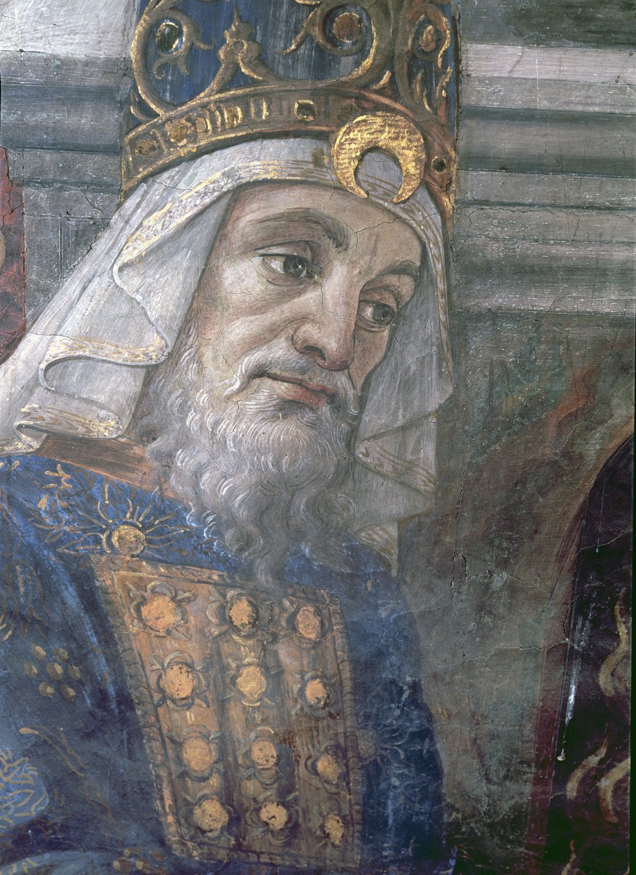 Sikstuksen kappelissa oleva "Lepraisen puhdistaminen ja Kristuksen kiusaaminen": yksityiskohta papin päästä, fresko vuodelta 1481. tekijältä Sandro Botticelli