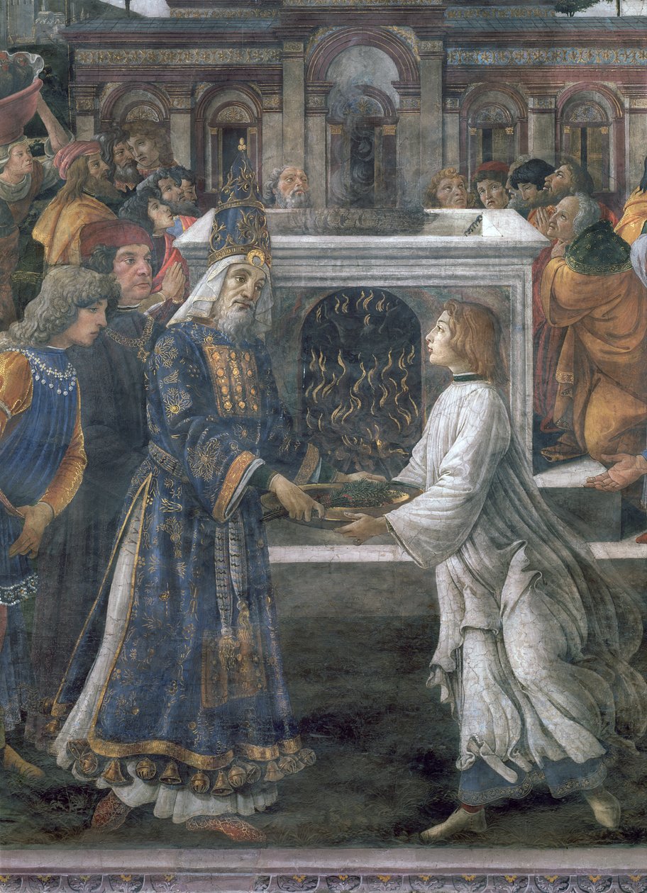 Sikstuksen kappelissa oleva Lepraisen puhdistaminen ja Kristuksen kiusaaminen: yksityiskohta puhdistusseremoniasta, fresko vuodelta 1481. tekijältä Sandro Botticelli