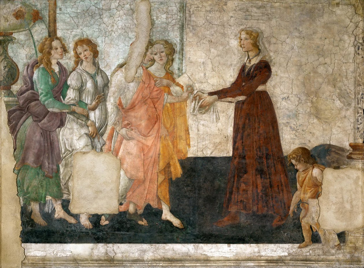 Venus ja kolme armoa tarjoavat lahjoja nuorelle tytölle, 1484-1486 tekijältä Sandro Botticelli