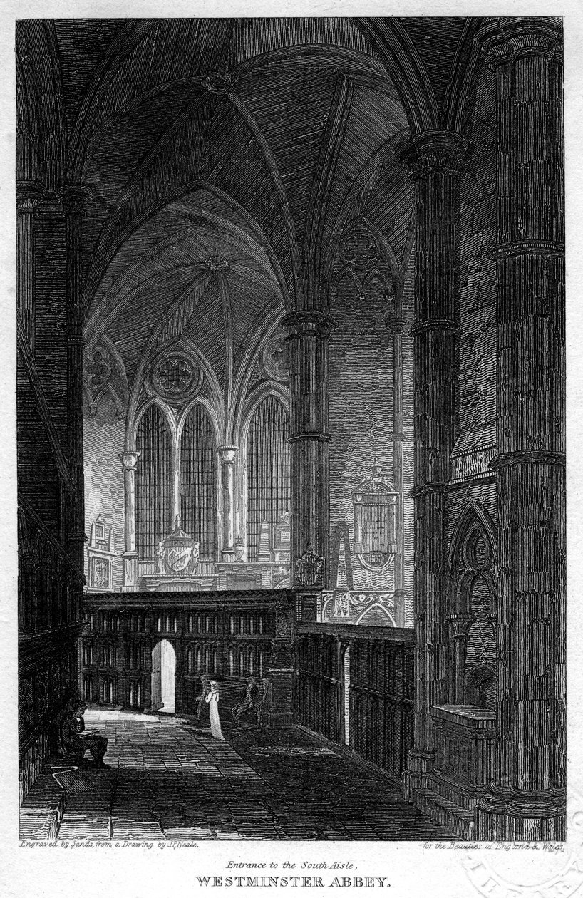Sisäänkäynti eteläiselle käytävälle, Westminster Abbey, Lontoo, 1816. tekijältä Sands