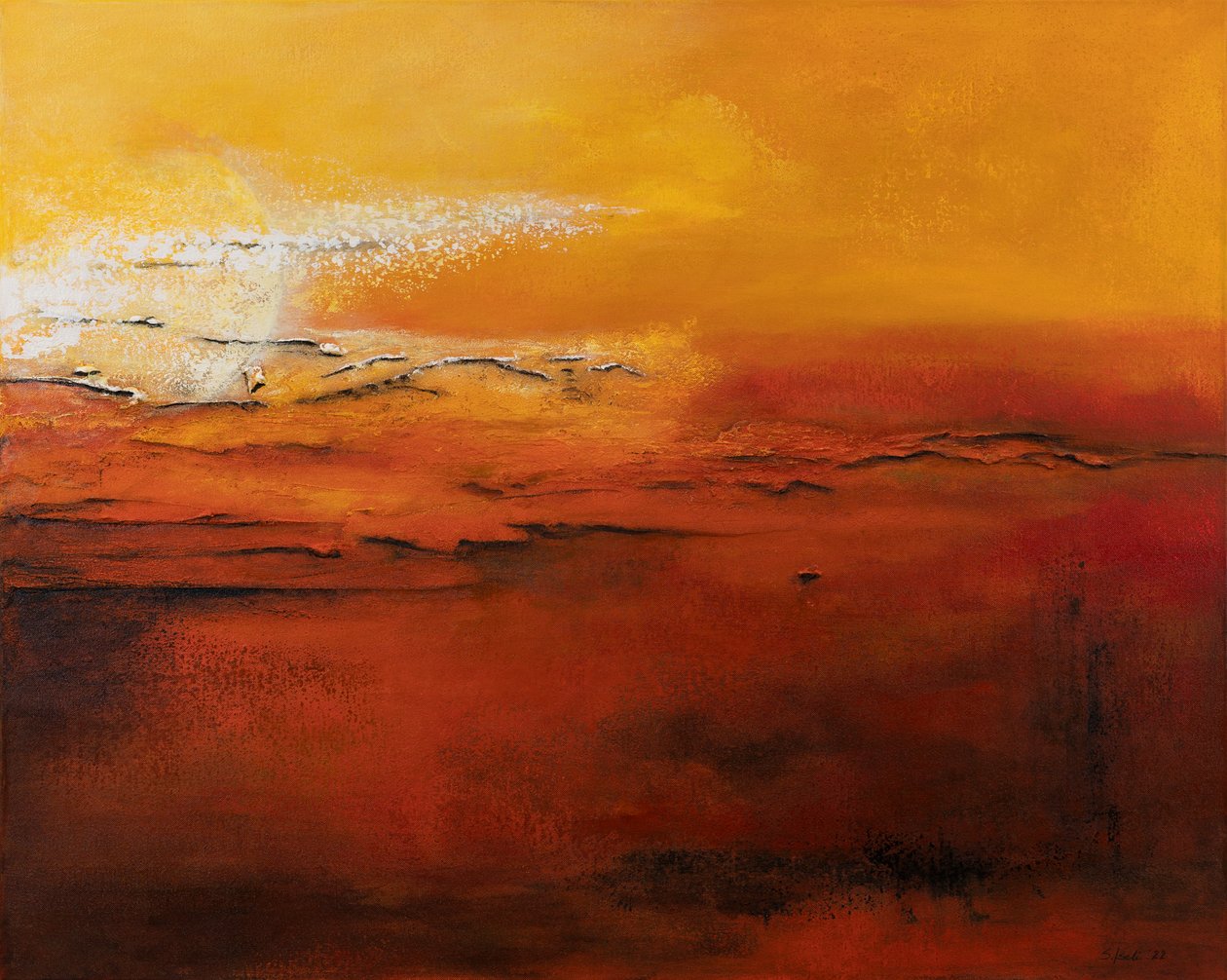 Auringonlasku, 2022 (sekatekniikka kankaalle) tekijältä Sandy Iseli