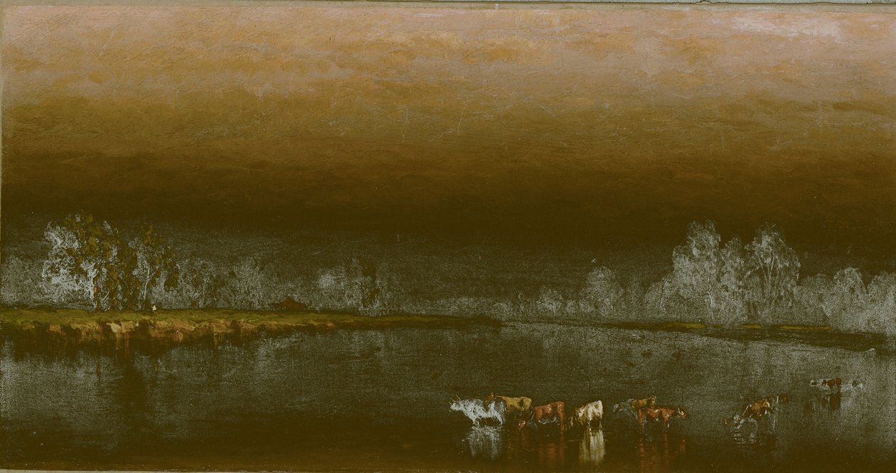 Lehmät lammessa auringonlaskun aikaan tekijältä Sanford Robinson Gifford