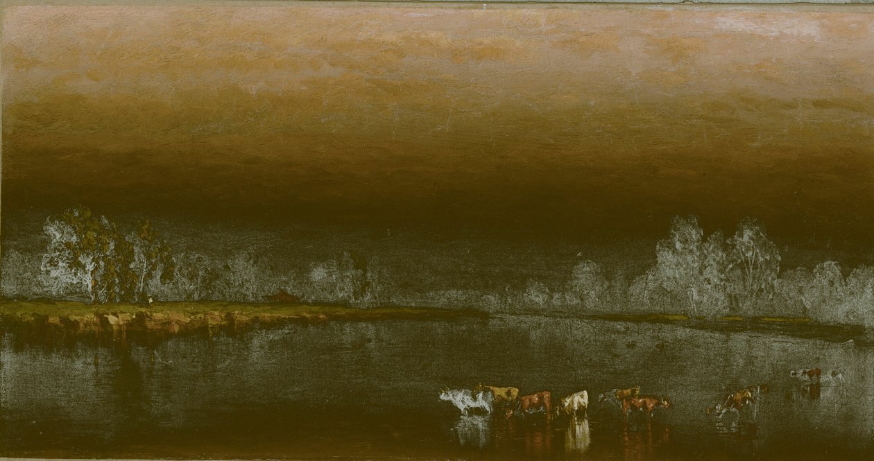 Lehmät lammessa auringonlaskun aikaan tekijältä Sanford Robinson Gifford