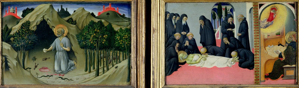 Pyhän Hieronymuksen katumus ja Pyhän Hieronymuksen kuolema ja ilmestyminen Pyhälle Kyrillukselle Jerusalemille, 1444 tekijältä Sano di Pietro