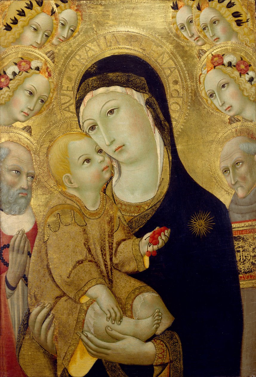 Neitsyt ja lapsi pyhien Jerome ja Bernardino Sienan kanssa ja kuusi enkeliä, 1460-luku (tempera & kultalehti puussa) tekijältä Sano di Pietro