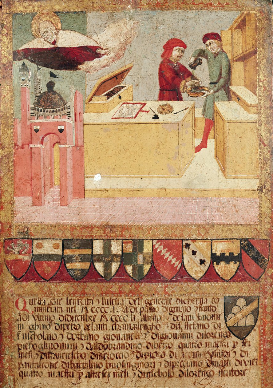 Biccherna näyttää Camerlengon pesemässä käsiään ja Neitsyt suojelemassa Sienaa, 1451 tekijältä Sano di Pietro