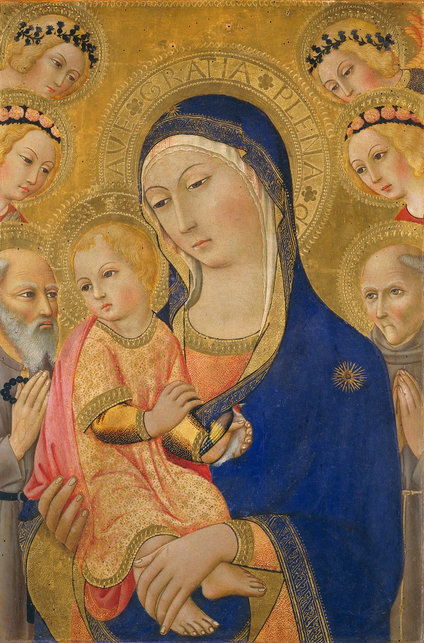 Madonna ja lapsi sekä Pyhä Hieronymus, Pyhä Bernardino ja enkelit, noin 1460-70 (tempera paneelille). tekijältä Sano di Pietro