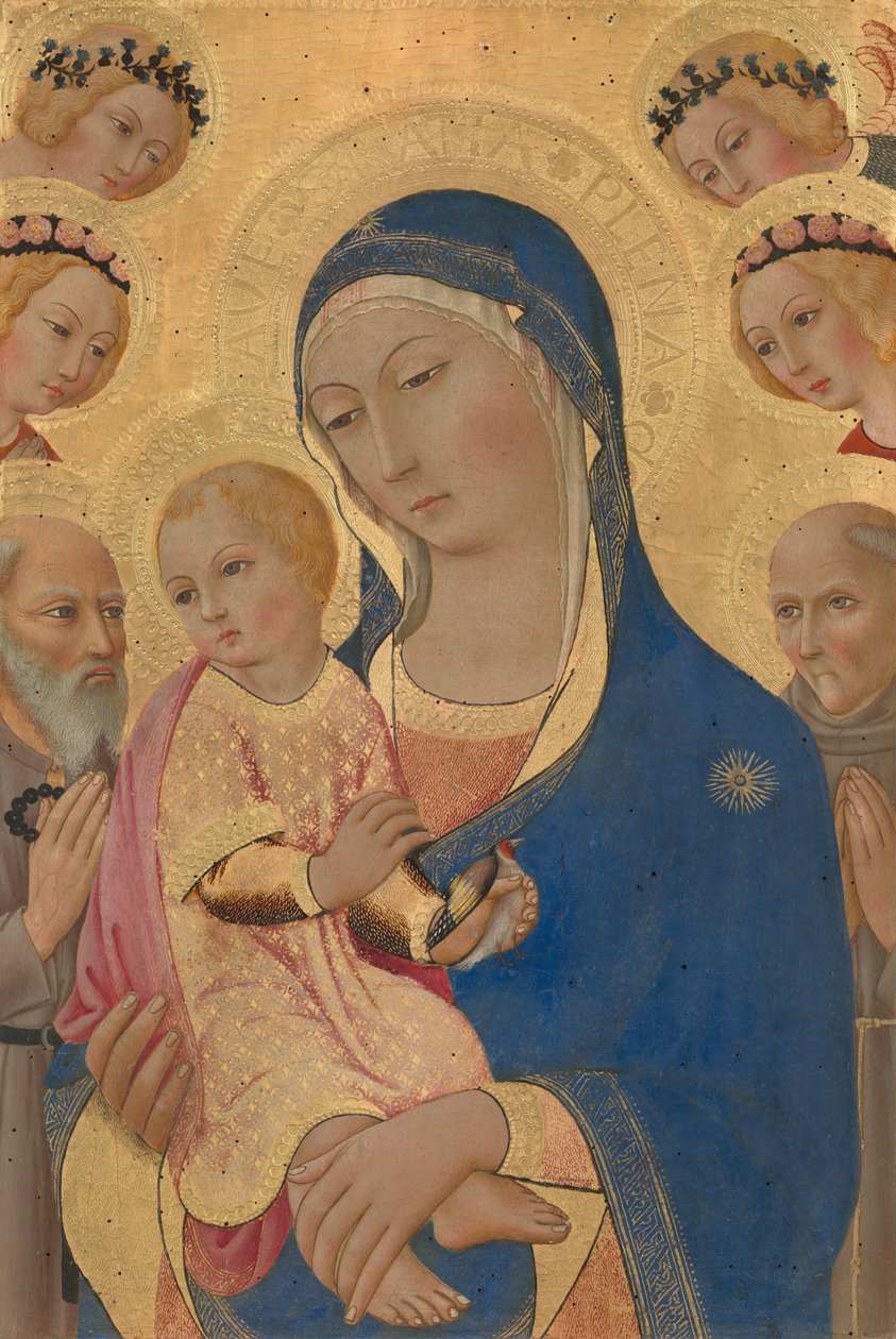 Madonna ja lapsi Pyhän Hieromuksen, Saint Bernardinon ja enkelien kanssa tekijältä Sano di Pietro
