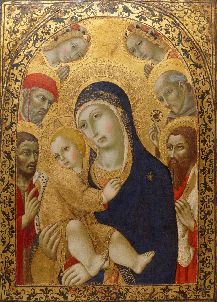 Madonna ja lapsi pyhien Hieronymuksen, Johannes Kastajan, Bernardinon ja Bartolomeuksen kanssa, noin 1450-1475 tekijältä Sano di Pietro