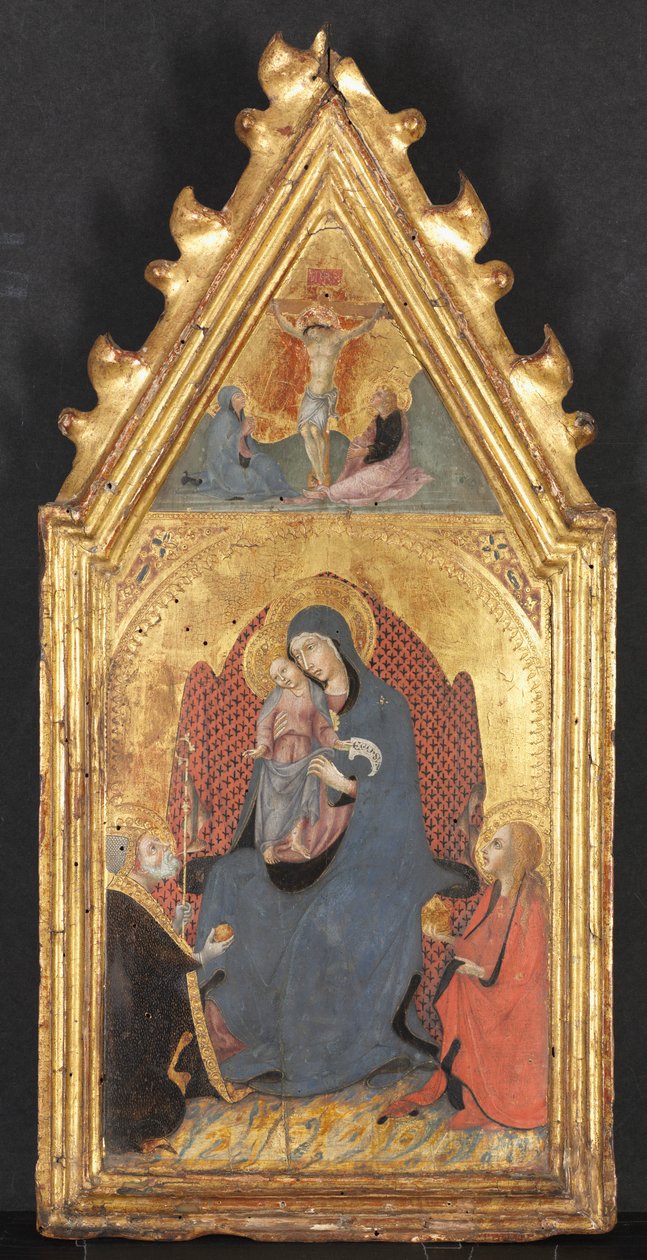 Pyhien Maria Magdaleenan ja Nicolas Barilaisen palvoma neitsyt ja lapsi, ristiinnaulittu Kristus..., 1400-luku. tekijältä Sano di Pietro