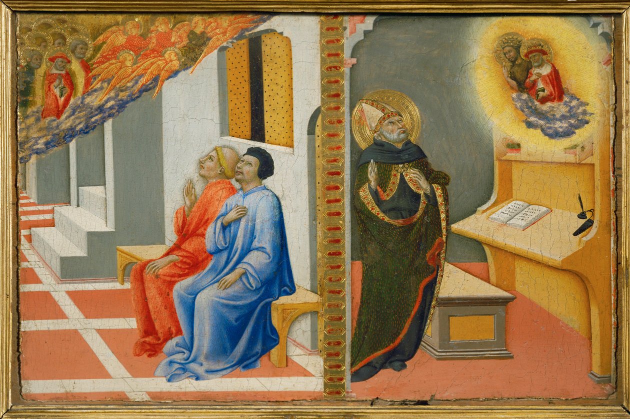Hänen kuolemansa jälkeen pyhä Hieronymus ilmestyy Sulpice Severiukselle, sitten pyhälle Augustinukselle yhdessä pyhän Johannes Kastajan kanssa ... tekijältä Sano di also Ansano di Pietro di Mencio Pietro