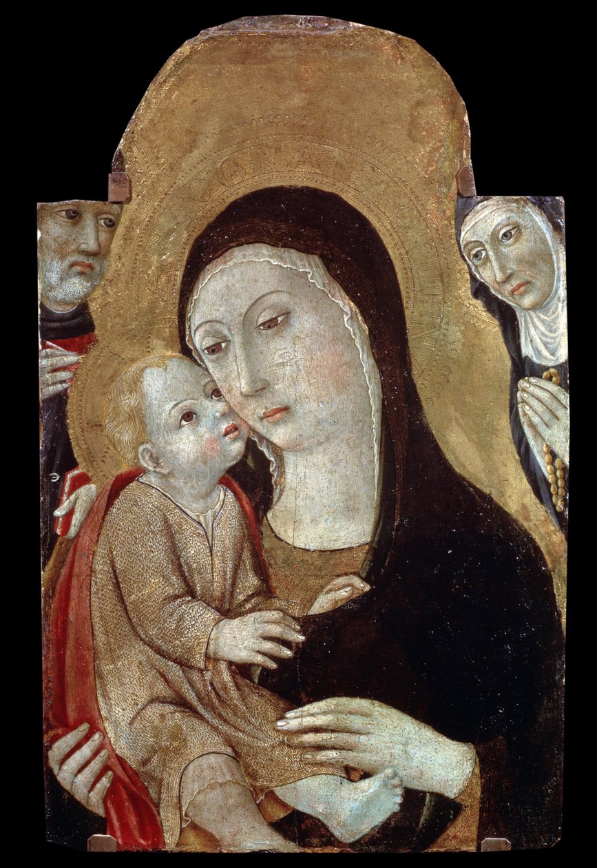 Neitsyt ja lapsi pyhien kanssa. Sano di Pietron (1406-1481) maalaus. Tempera puulle, 43 x 27 cm. Sienan koulu, italialainen goottilainen taide. Pushkinin taidemuseo, Moskova. ©FineArtImage/Leemage tekijältä Sano di also Ansano di Pietro di Mencio Pietro