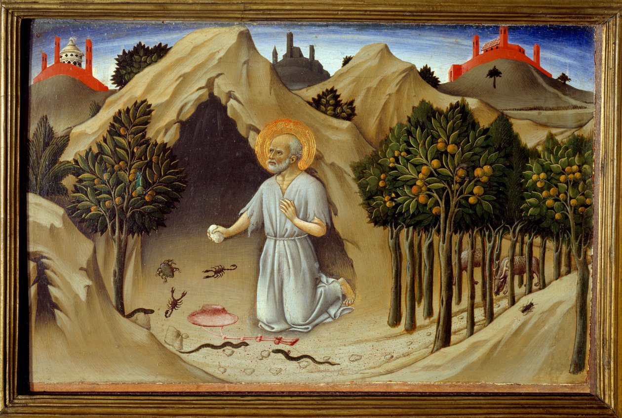 Kohtaus Pyhän Hieromuksen elämästä: "" Pyhän Hieromuksen katumus"" Sano di Pietron (1406-1481) maalaus 1400-luku. Aurinko 0,23x0,36 m tekijältä Sano di also Ansano di Pietro di Mencio Pietro