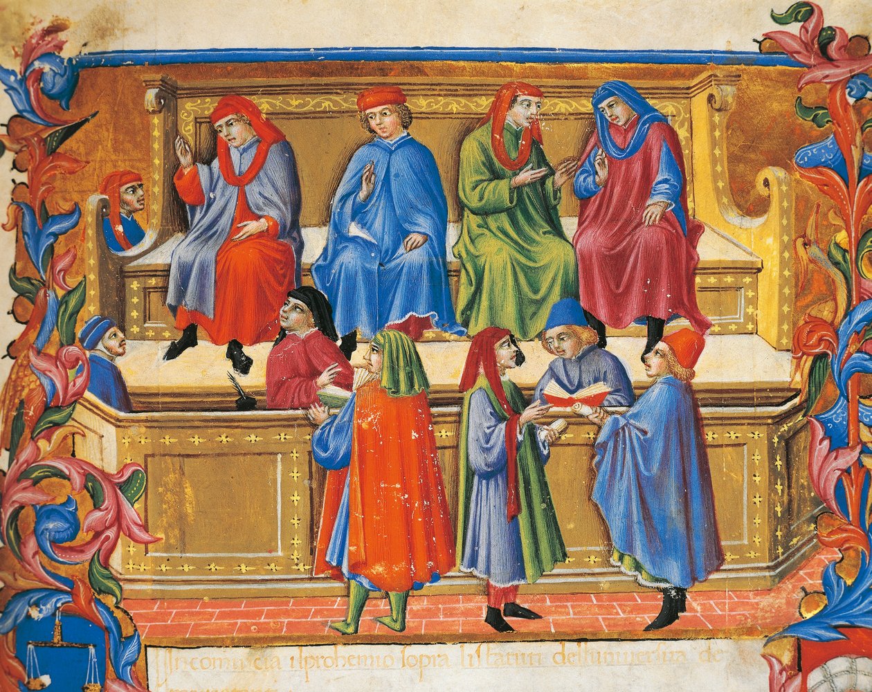Kauppatuomioistuimen miniatyyri Sano di Pietron (1472), Italian 1400-luvun kauppiaiden säännöistä. tekijältä Sano di also Ansano di Pietro di Mencio Pietro