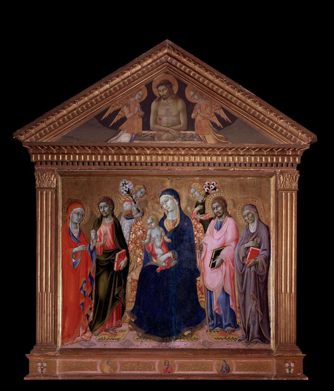 Neitsyt ja lapsi Sts. Jaakob, Philip, Anne ja Maria Magdaleena - öljy puulle tekijältä Sano di also Ansano di Pietro di Mencio Pietro