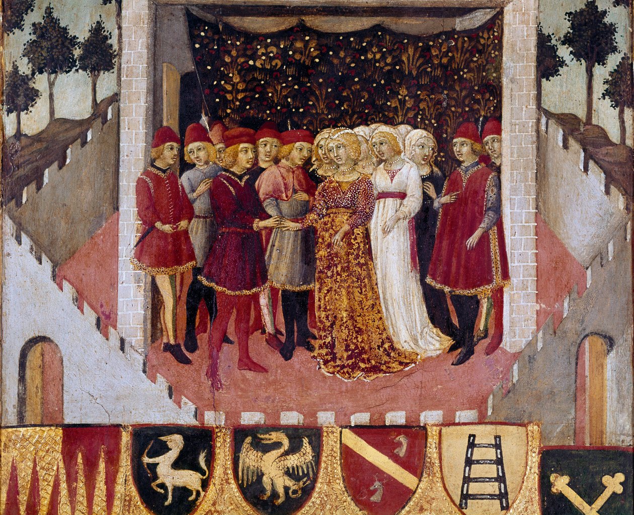 Sienan kaupungin aatelistoparin hääjuhla Sano di Pietron (1406-1481) maalaus Bicchernaa koristamassa (Sienan kaupungin kirjanpitorekisterin kansi) 1473. Siena Archivio di Stato, Italia tekijältä Sano di also Ansano di Pietro di Mencio Pietro