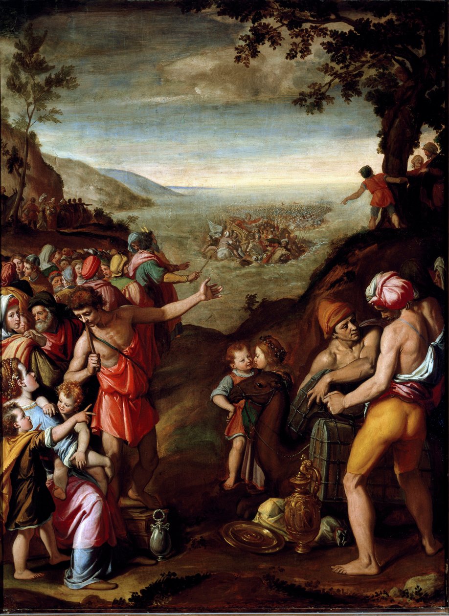 Punaisenmeren väylä Heprealaiset, jotka pakenevat Egyptistä, ylittävät Punaisen meren Mooseksen ohjaamana. Santi di Titon maalaus (1536-1603) Firenze, kaappi Francois I, Palazzo Vecchio tekijältä Santi di Tito