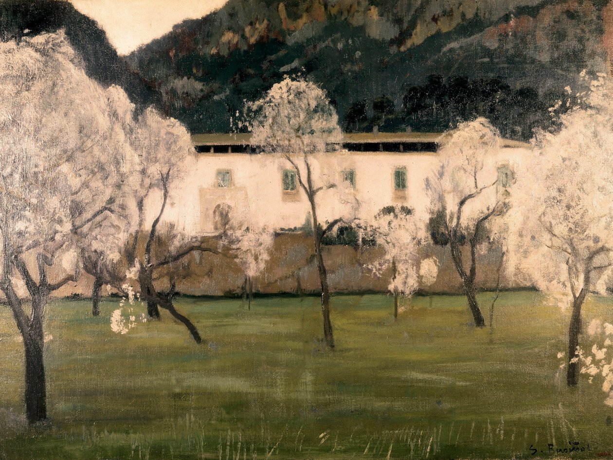 Maisema kukkien puissa. Santiago Rusinol y (i) Pratsin (1861-1931) maalaus. Öljy kankaalle Barcelona. Katalonian kansallinen taidemuseo. tekijältä Santiago Rusinol i Prats