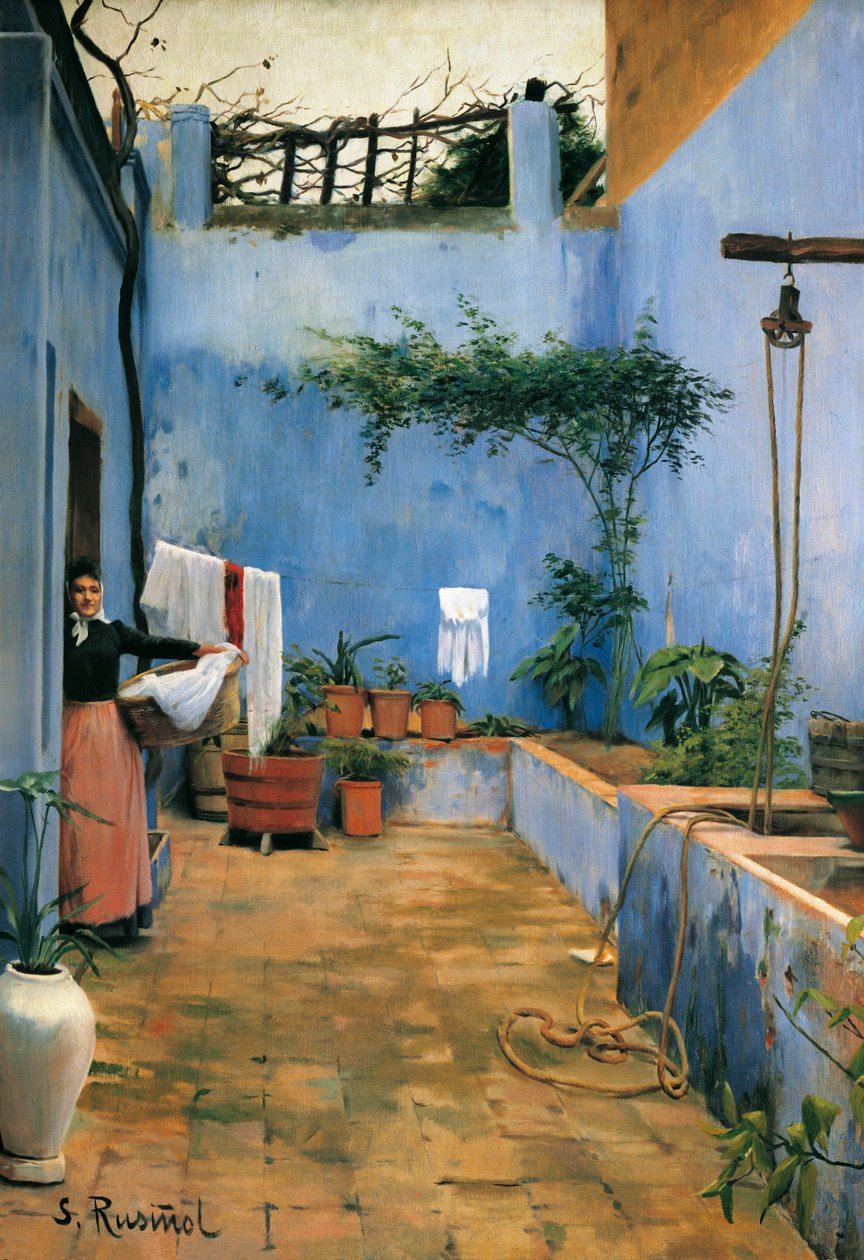 "" Sininen piha "" Santiago Rusinolin ja (i) Pratsin (1861-1931) maalaus 1892 Monistrol de Montserrat. Montserratin museo. tekijältä Santiago Rusinol i Prats