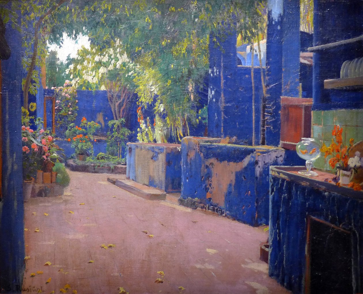 Sininen patio - (El patio azul, Sitges) - Santiago Rusinol y (i) Pratsin (1861-1931) maalaus 1913. Barcelona (Barcelona) Katalonan kansallinen taidemuseo - Gusman/Leemage tekijältä Santiago Rusinol i Prats
