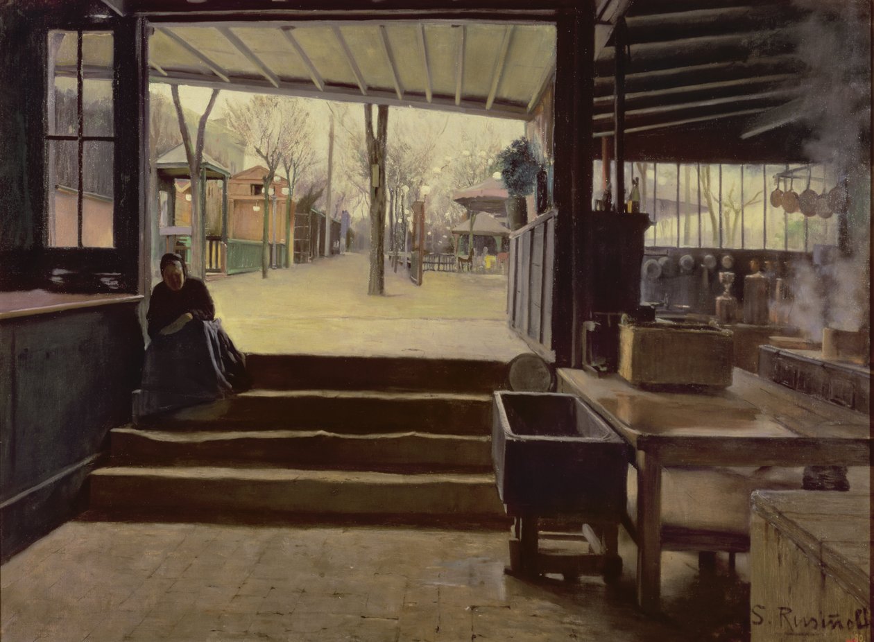 Keittiö tai laboratorio Moulin de la Galettessa, Pariisi (öljy kankaalle) tekijältä Santiago Rusinol i Prats