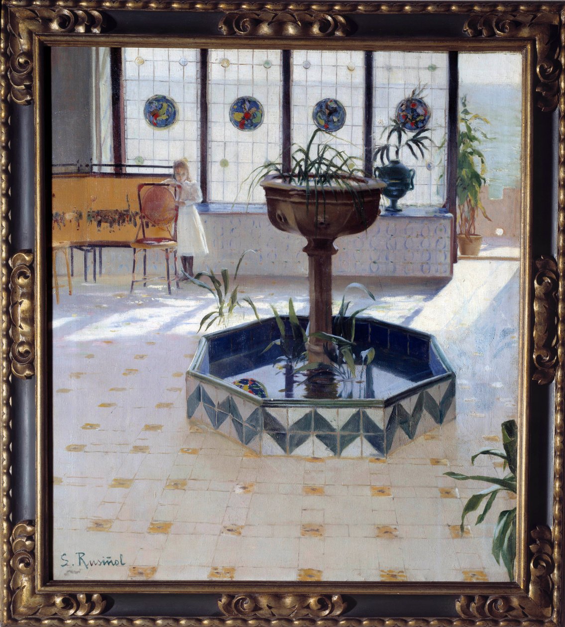 Suihkulähde kuistin alla James Rusinolin ja (i) Pratsin (1861-1931) maalaus 1894 Yksityinen kokoelma tekijältä Santiago Rusinol i Prats