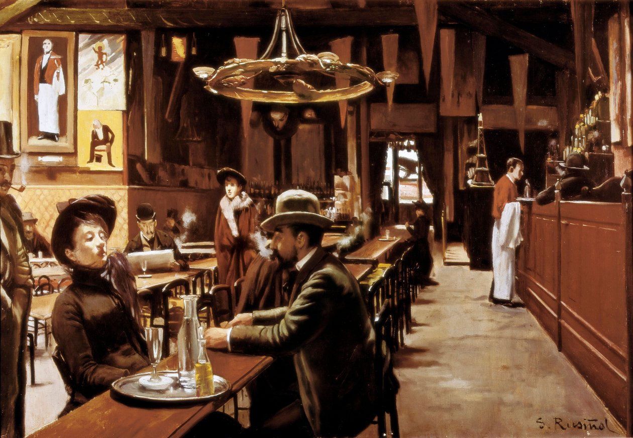 kahvilan sisustus Montmartressa, Pariisissa tekijältä Santiago Rusinol i Prats