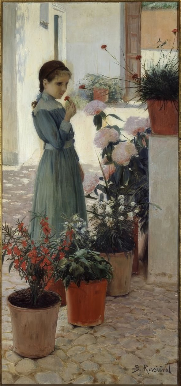 Kukka. Tyttö neilikka kanssa tekijältä Santiago Rusiñol