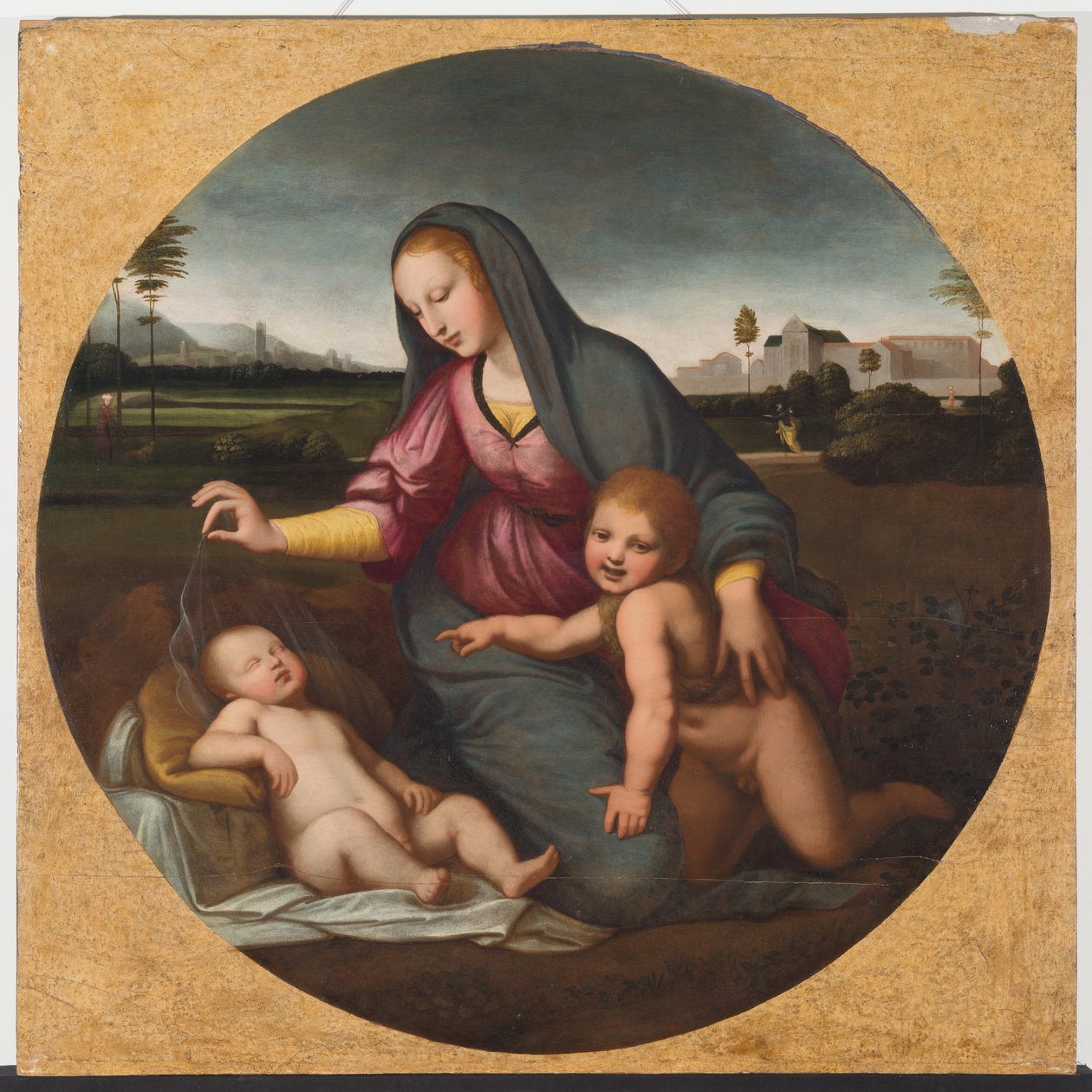 Madonna ja lapsi nuoren St. Johnin kanssa, n. 1500 (öljy puulle) tekijältä Sanzio of Urbino (follower of) Raphael