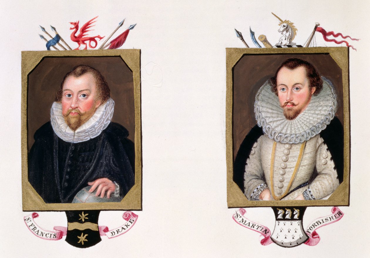Sir Francis Draken (noin 1540-96) ja Sir Martin Frobisherin (noin 1535-94) kaksoismuotokuva vuonna 1825 julkaistusta teoksesta "Memoirs of the Court of Queen Elizabeth, julkaistu vuonna 1825 (wc ja guassi paperille). tekijältä Sarah Countess of Essex