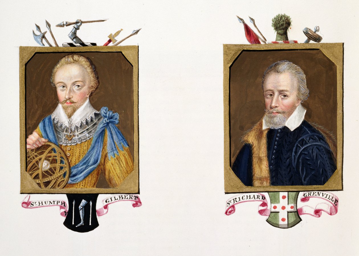 Sir Humphrey Gilbertin (n. 1539–1583) ja Sir Richard Grenvillen (n. 1541–91) kaksoismuotokuva vuonna 1825 julkaistusta Queen Elizabethin hovin muistelmista (wc ja guassi paperilla) tekijältä Sarah Countess of Essex