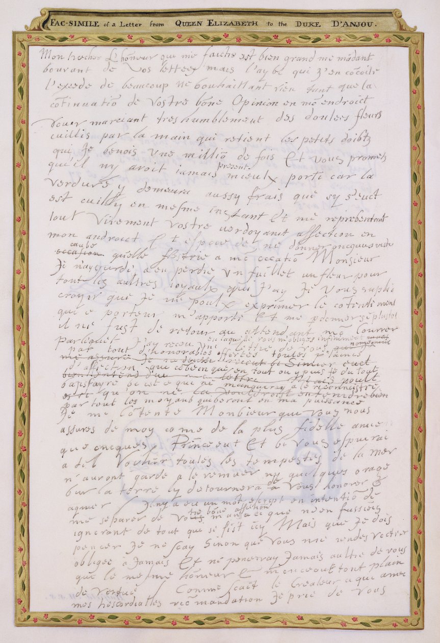 Faksimile Elizabeth I:n kirjeestä Francois de Valois