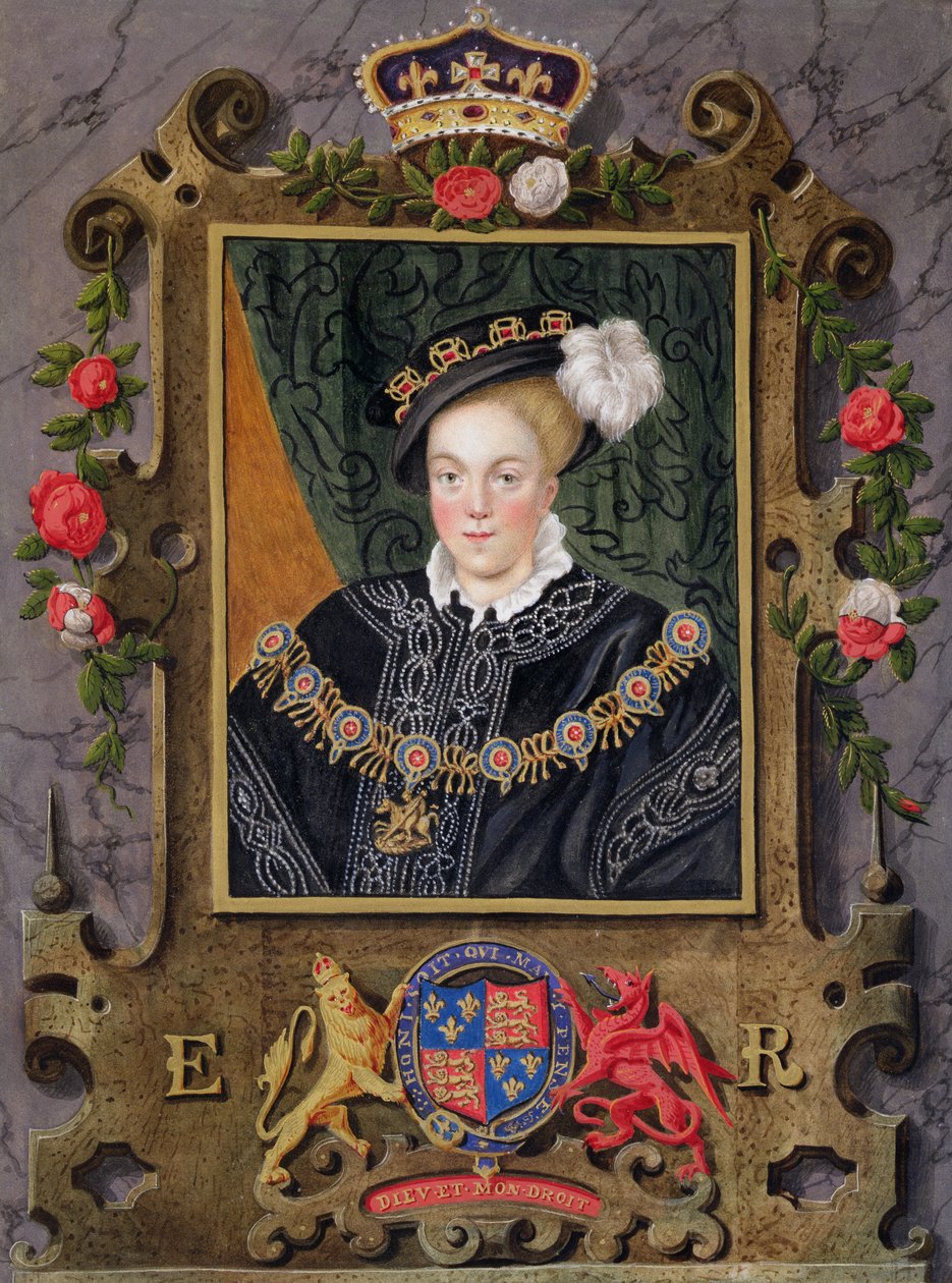 Edward VI:n (1537-1619) muotokuva Englannin kuninkaan, noin 14-vuotiaana "Kuningatar Elisabetin hovin muistelmista" Nicholas Hilliardin (1537-1619) kuninkaalliseen kokoelmaan kuuluvan miniatyyrin jälkeen, julkaistu 1. tekijältä Sarah Countess of Essex