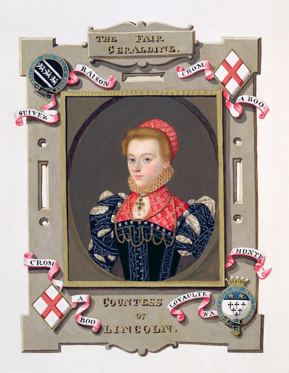 Muotokuva Elizabeth Fitzgeraldista (n.1528-89) Lincolnin kreivittärestä, Kuningatar Elisabetin hovin muistelmista Stephen van der Meulenin (1632-1690) muotokuvan mukaan, julkaistu 1825 (wc ja gouac). tekijältä Sarah Countess of Essex