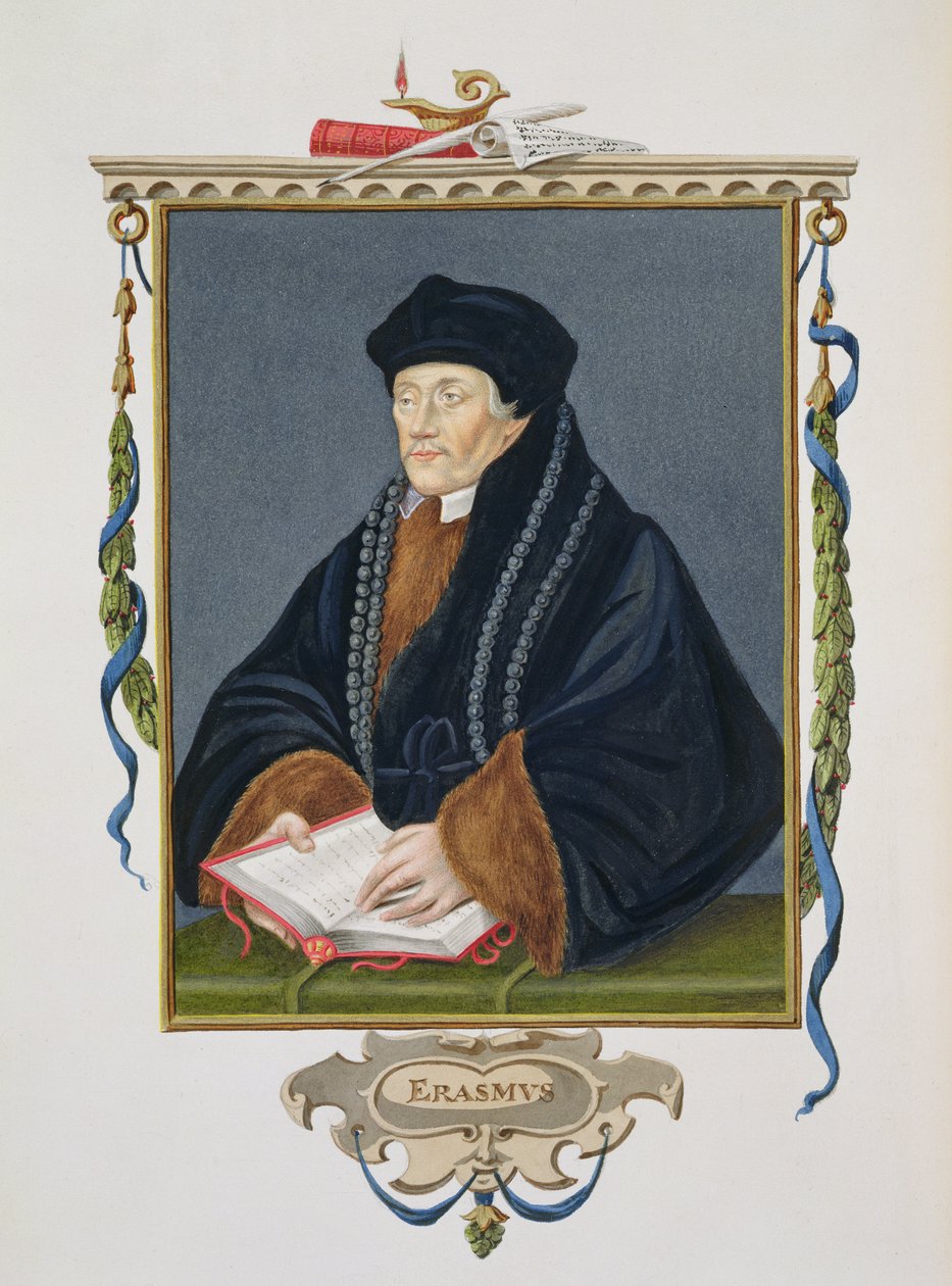Erasmuksen muotokuva (n. 1466-1536) kirjasta "Memoirs of the Court of Queen Elizabeth", julkaistu vuonna 1825 (wc ja guassi paperilla) tekijältä Sarah Countess of Essex