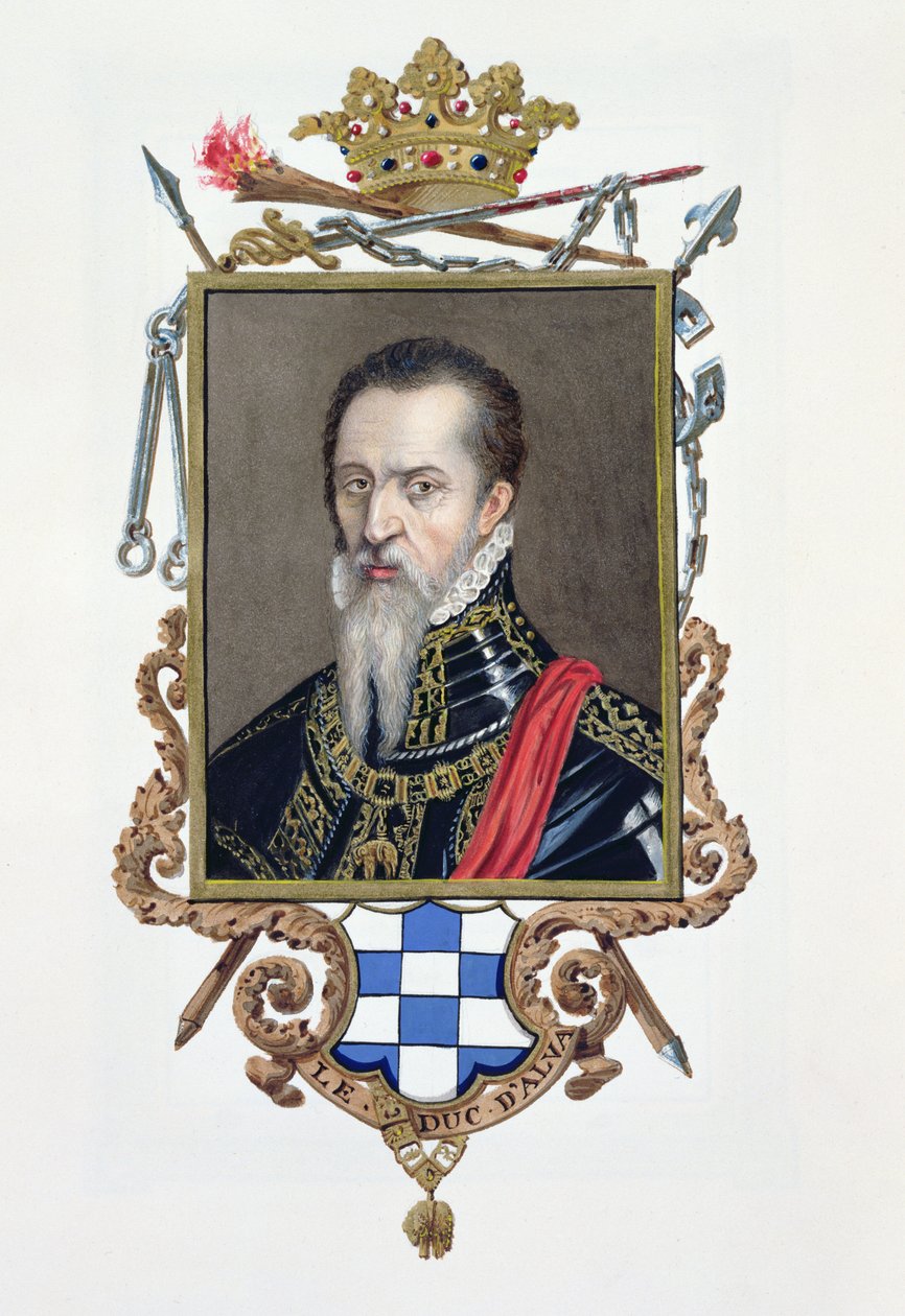 Ferdinand Alvarez de Toledon muotokuva Alvan herttuasta "Kuningatar Elisabetin hovin muistelmista", julkaistu vuonna 1825 (wc ja guassi paperilla) tekijältä Sarah Countess of Essex