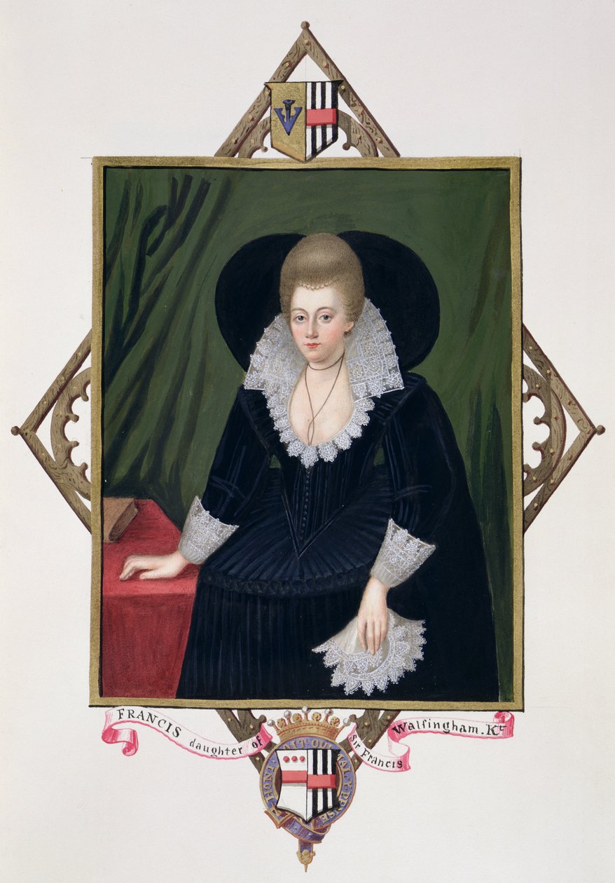 Muotokuva Frances Walsinghamista, Essexin kreivitärestä "Memoirs of the Court of Queen Elizabethista" Wiliam Segarin (fl.1585-d.1633) muotokuvan jälkeen, julkaistu vuonna 1825 (wc ja guassi paperilla) tekijältä Sarah Countess of Essex