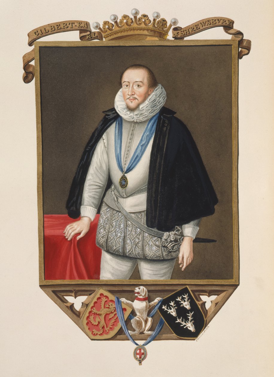 Muotokuva Gilbert Talbotista (1553-1616) 7. Earl of Shrewsbury Queen Elizabethin hovin muistelmista Sir William Segarin (k.1633) vuonna 1825 julkaistun muotokuvan jälkeen (wc ja guassi paperilla) tekijältä Sarah Countess of Essex